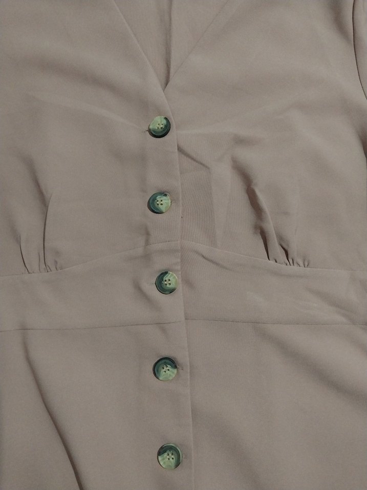 Toz Pembe Düğmeli V Yaka Uzun Kollu Elbise - Görsel 3