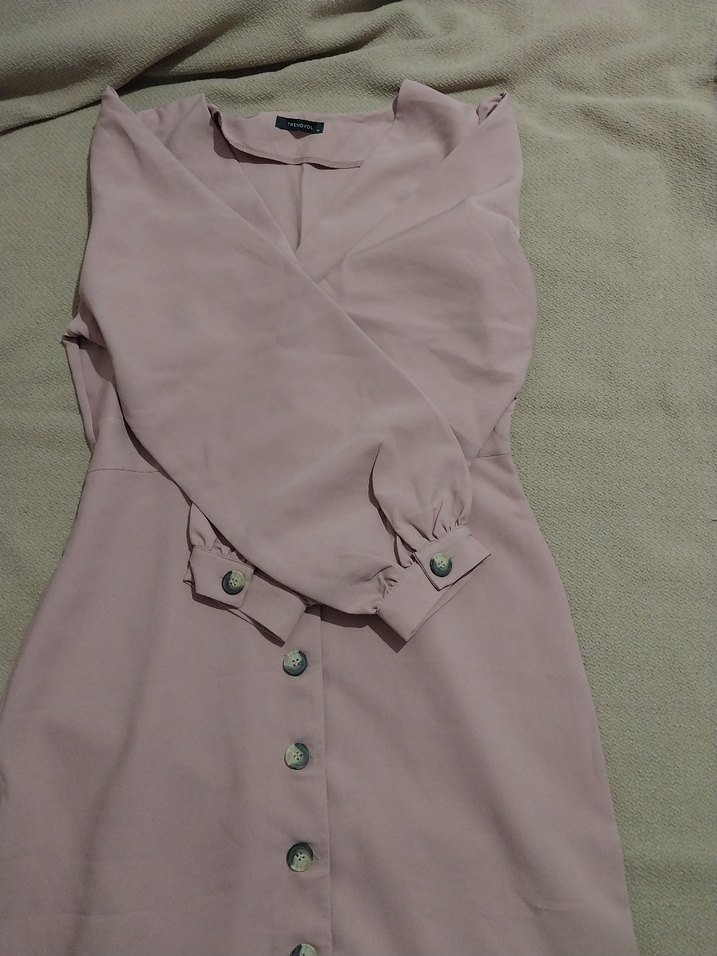 Toz Pembe Düğmeli V Yaka Uzun Kollu Elbise - Görsel 5