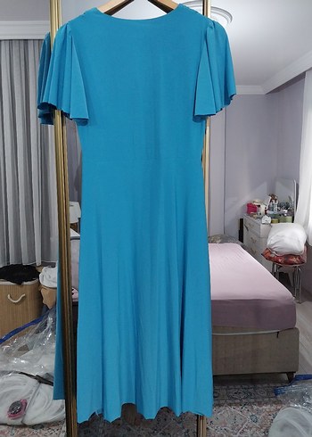 Mavi Uzun Düğmeli V Yaka Kadın Elbise - Görsel 4