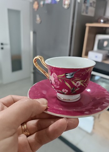 Pembe Çiçekli Altlıklı Porselen Fincan sıfır ikili set - Görsel 2