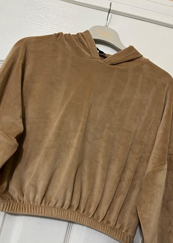 Bej Süet Kadın Sweatshirt Kapüşonlu - Görsel 2