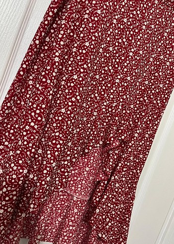 Bordo Bağlama Desenli Midi fır fırlı Etek - Görsel 3