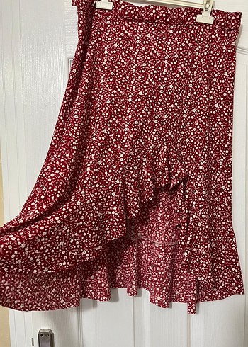 Bordo Bağlama Desenli Midi fır fırlı Etek - Görsel 2