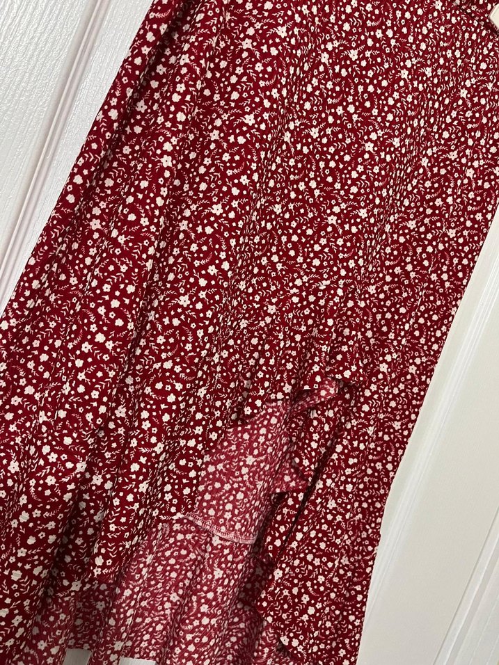 Bordo Bağlama Desenli Midi fır fırlı Etek - Görsel 3