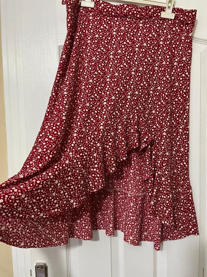 Bordo Bağlama Desenli Midi fır fırlı Etek - Görsel 2