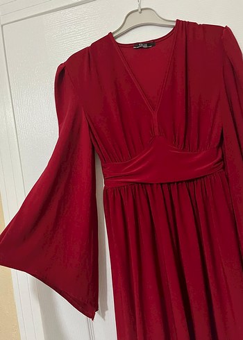 Bordo Midi V Yaka Uzun Kollu Elbise - Görsel 2