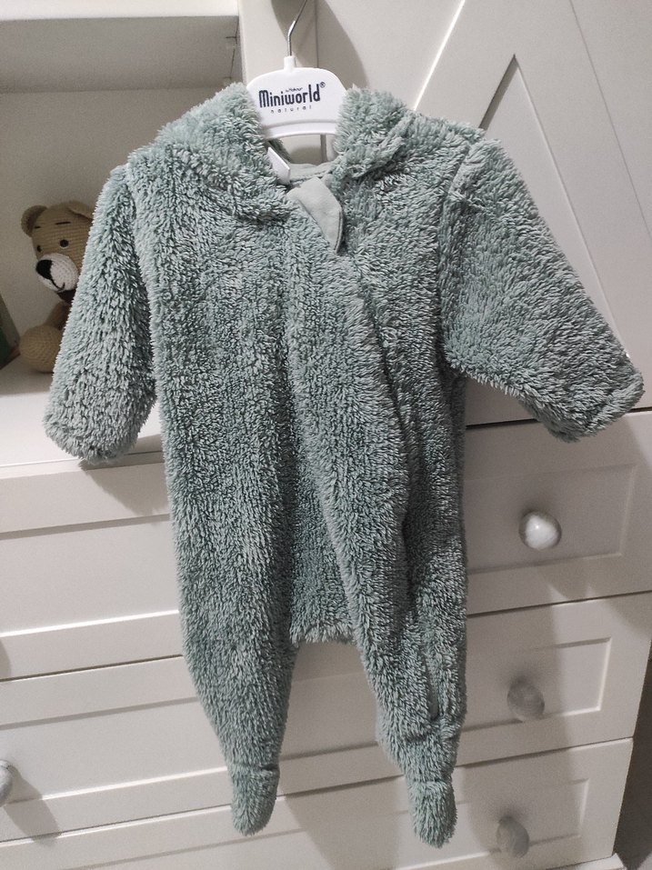 Gri Peluş Bebek Tulumu Kapüşonlu - Görsel 3