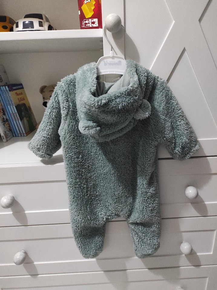 Gri Peluş Bebek Tulumu Kapüşonlu - Görsel 2