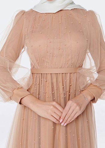 Bej Uzun Drapeli İşlemeli Abiye Elbise - Görsel 2