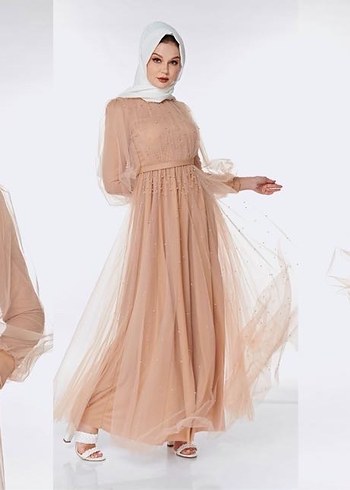 Bej Uzun Drapeli İşlemeli Abiye Elbise - Görsel 4