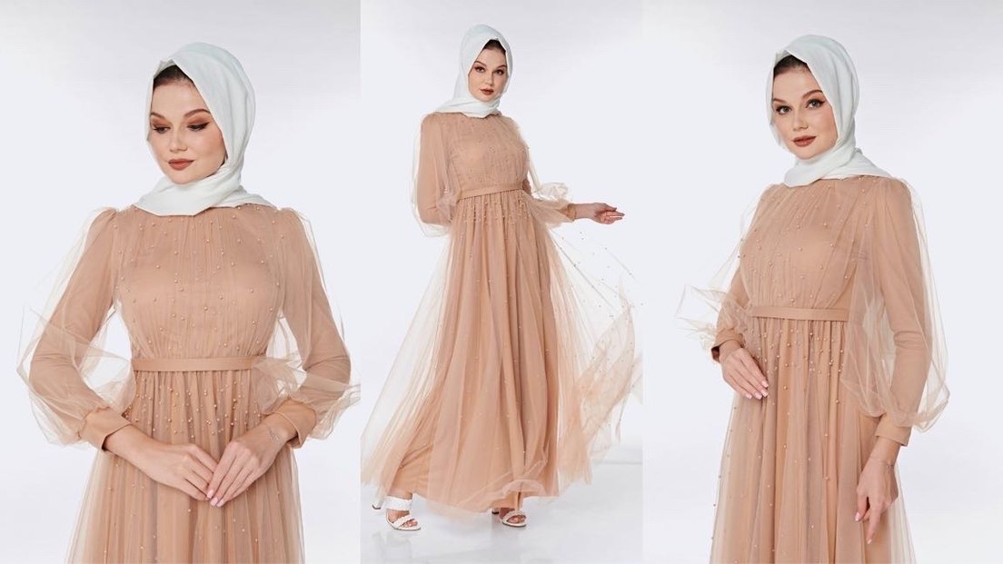 Bej Uzun Drapeli İşlemeli Abiye Elbise - Görsel 4