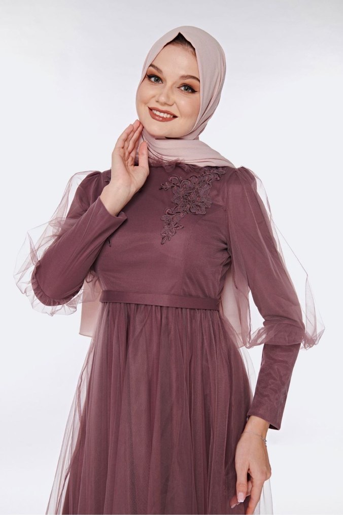 Nakışlı Uzun Kollu Bohem Abiye Elbise - Görsel 4