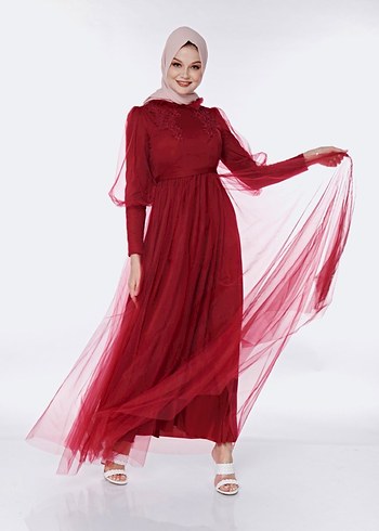 Bordo Nakışlı Uzun Kollu Abiye Elbise - Görsel 3