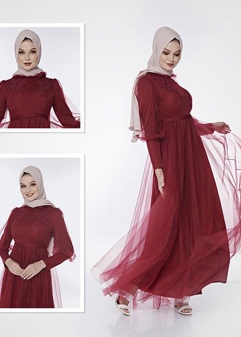 Bordo Nakışlı Uzun Kollu Abiye Elbise - Görsel 6