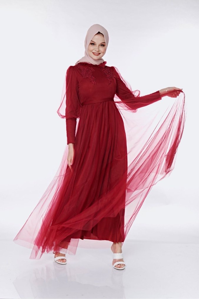 Bordo Nakışlı Uzun Kollu Abiye Elbise - Görsel 3