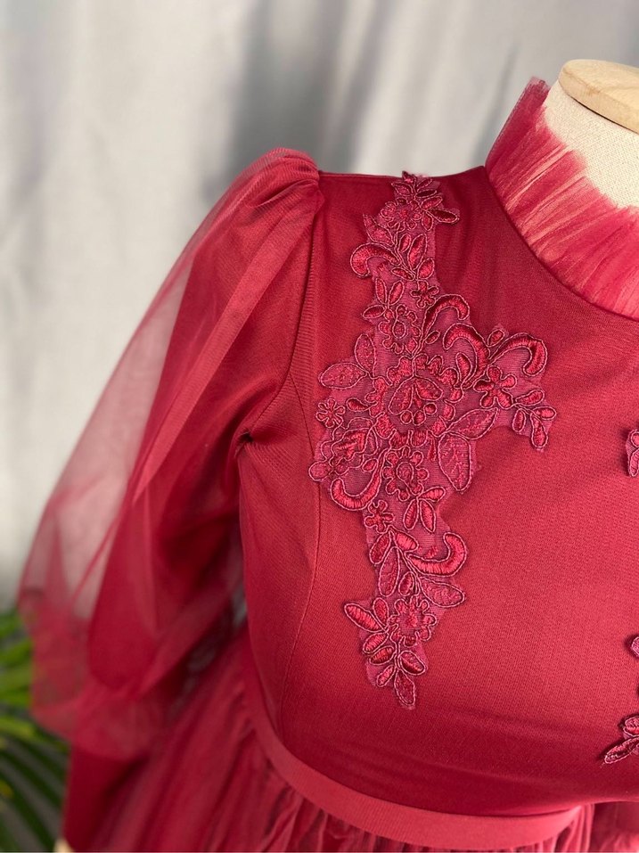 Bordo Nakışlı Uzun Kollu Abiye Elbise - Görsel 2