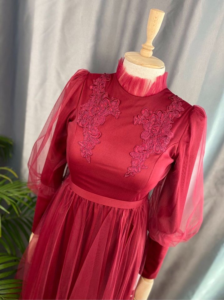 Bordo Nakışlı Uzun Kollu Abiye Elbise - Görsel 5