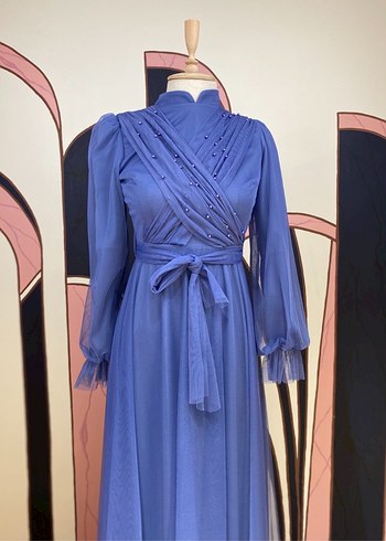 İnci Detaylı Mavi Uzun Abiye Elbise - Görsel 5