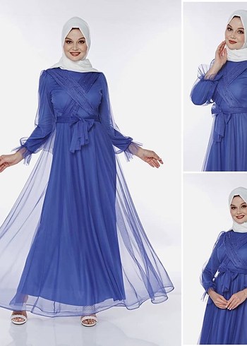 İnci Detaylı Mavi Uzun Abiye Elbise - Görsel 4