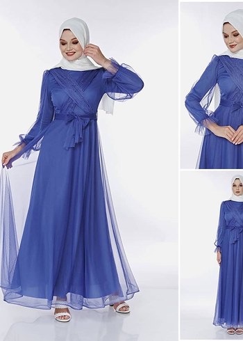 İnci Detaylı Mavi Uzun Abiye Elbise - Görsel 6