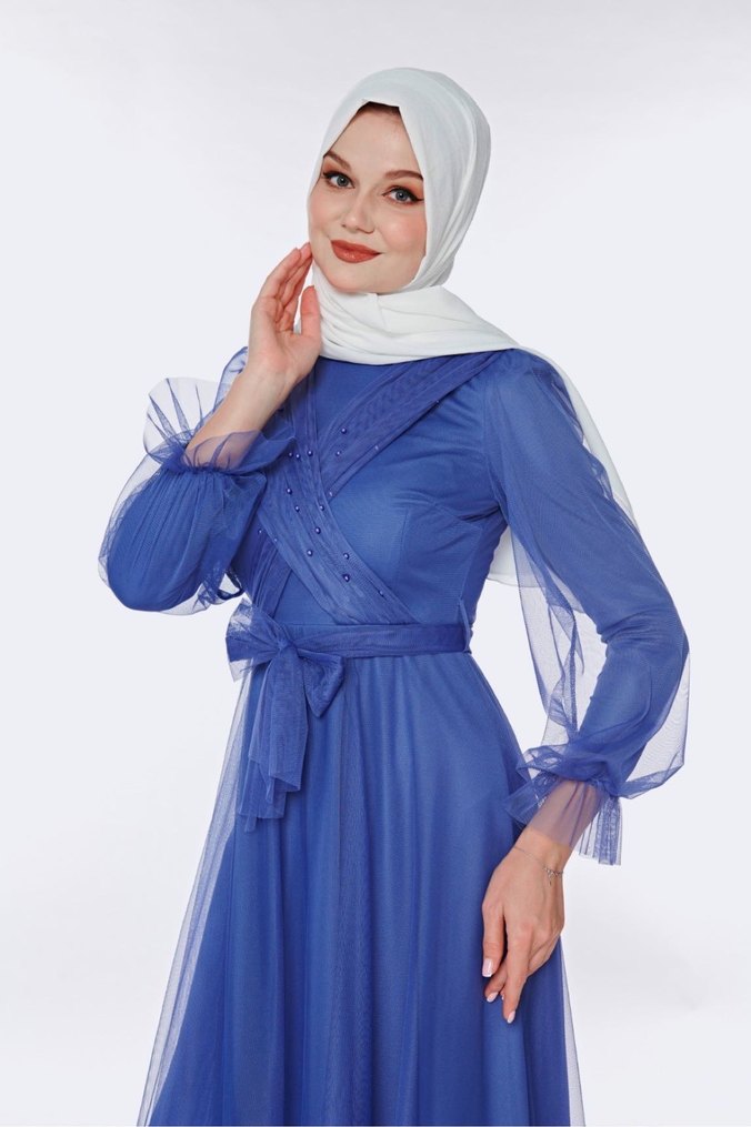 İnci Detaylı Mavi Uzun Abiye Elbise - Görsel 3