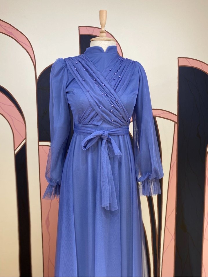 İnci Detaylı Mavi Uzun Abiye Elbise - Görsel 5