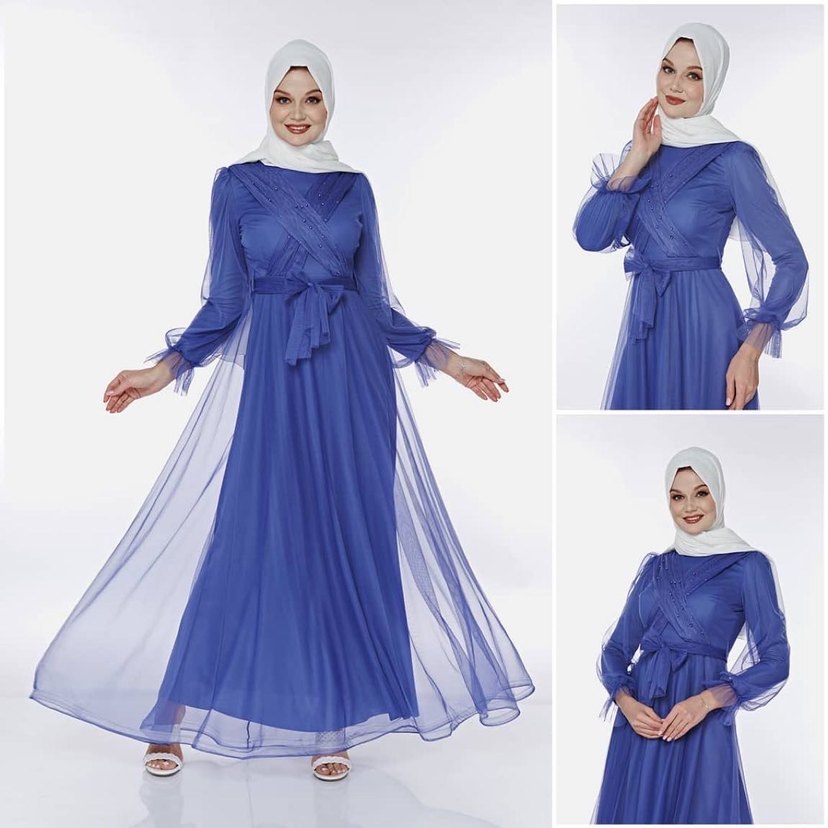 İnci Detaylı Mavi Uzun Abiye Elbise - Görsel 4