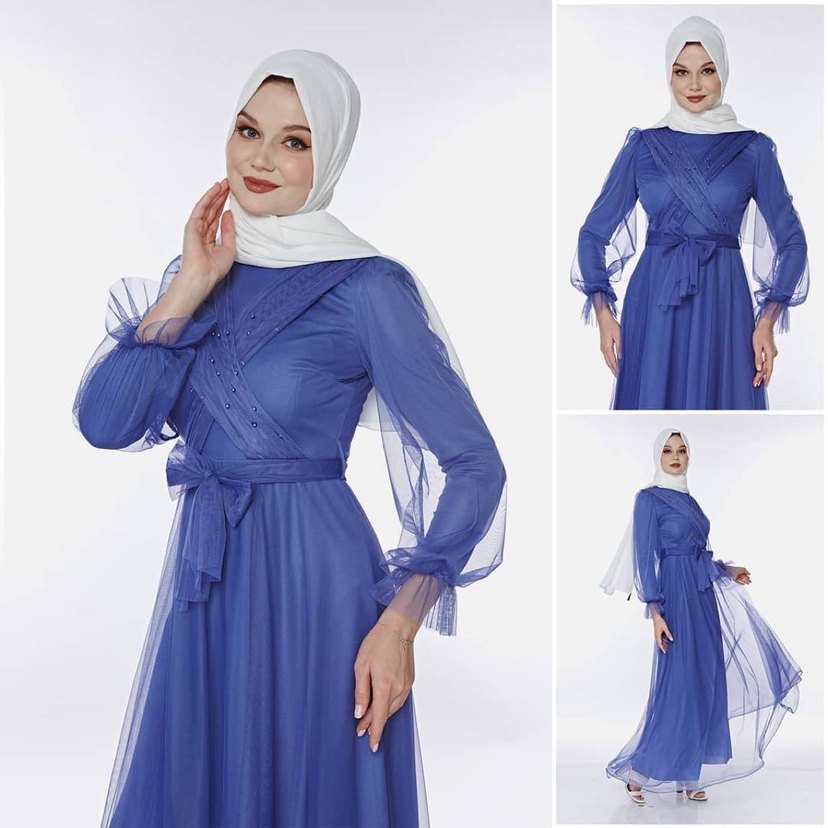 İnci Detaylı Mavi Uzun Abiye Elbise - Görsel 2