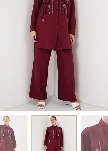 Bordo Nakışlı Zincir Detaylı Uzun Tunik - Görsel 5