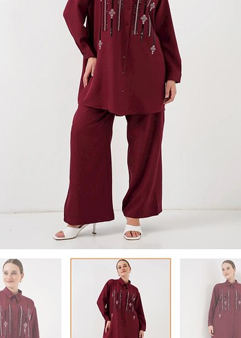 Bordo Nakışlı Zincir Detaylı Uzun Tunik - Görsel 4