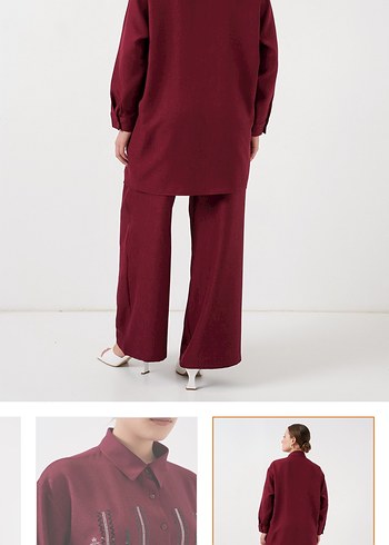 Bordo Nakışlı Zincir Detaylı Uzun Tunik - Görsel 6