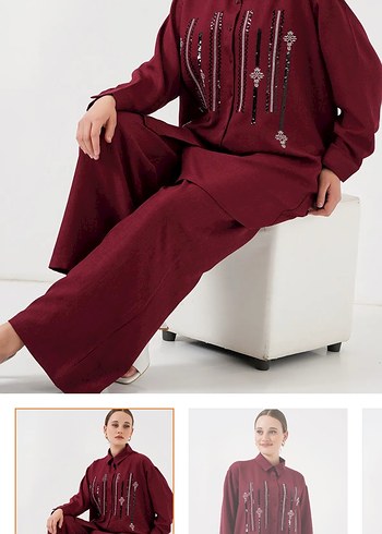 Bordo Nakışlı Zincir Detaylı Uzun Tunik - Görsel 2