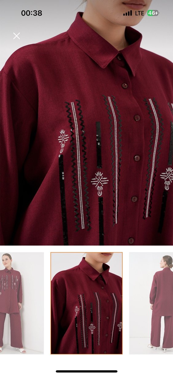 Bordo Nakışlı Zincir Detaylı Uzun Tunik - Görsel 3