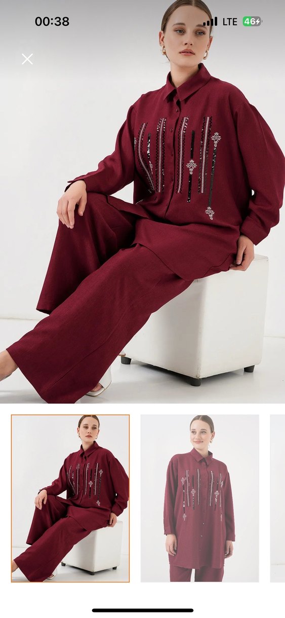 Bordo Nakışlı Zincir Detaylı Uzun Tunik - Görsel 2