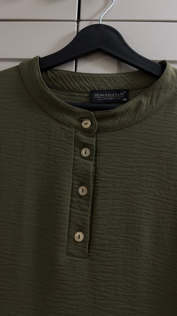 Düğmeli Uzun Kollu Haki Tunik - Görsel 2