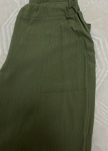 Kadın Haki Keten Pilili Bol Pantolon - Görsel 2