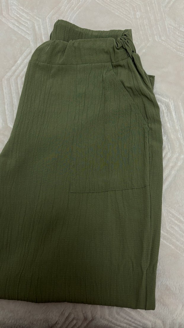 Kadın Haki Keten Pilili Bol Pantolon - Görsel 2