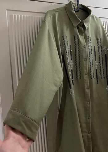 Kadın Keten Haki Uzun Kollu Nakışlı Takım - Görsel 7