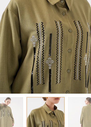 Kadın Keten Haki Uzun Kollu Nakışlı Takım - Görsel 3