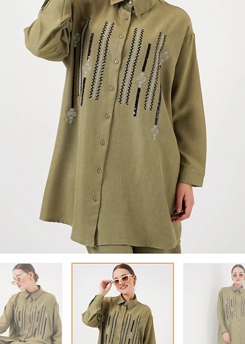 Kadın Keten Haki Uzun Kollu Nakışlı Takım - Görsel 2