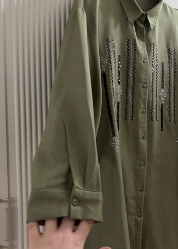 Kadın Keten Haki Uzun Kollu Nakışlı Takım - Görsel 9