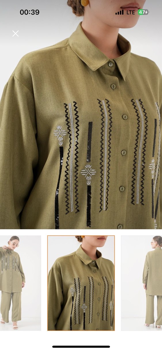 Kadın Keten Haki Uzun Kollu Nakışlı Takım - Görsel 3