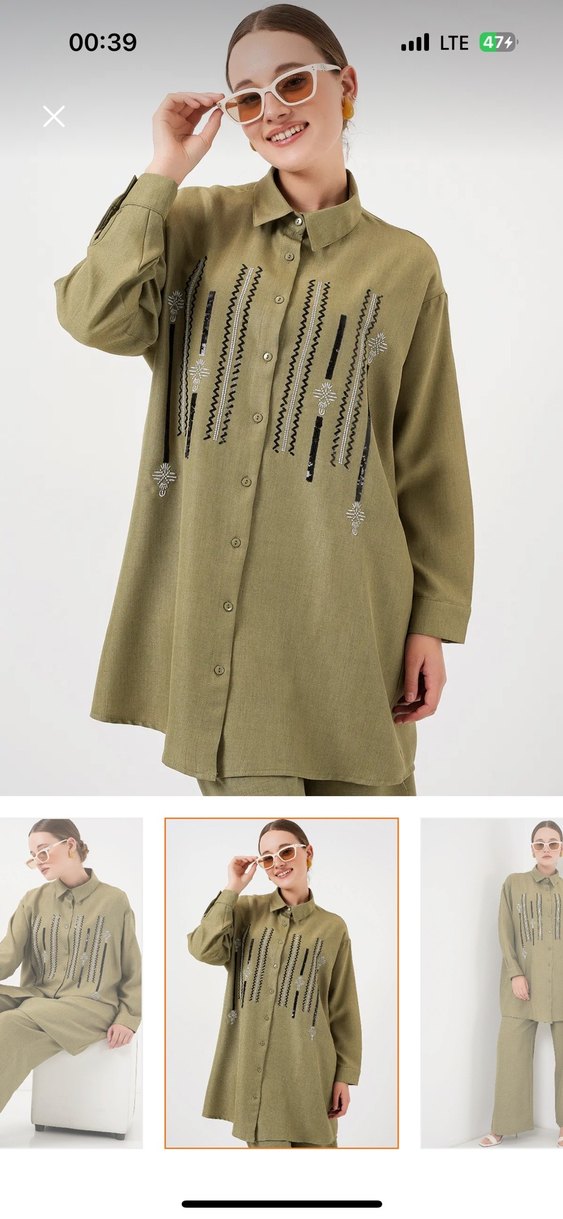 Kadın Keten Haki Uzun Kollu Nakışlı Takım - Görsel 2