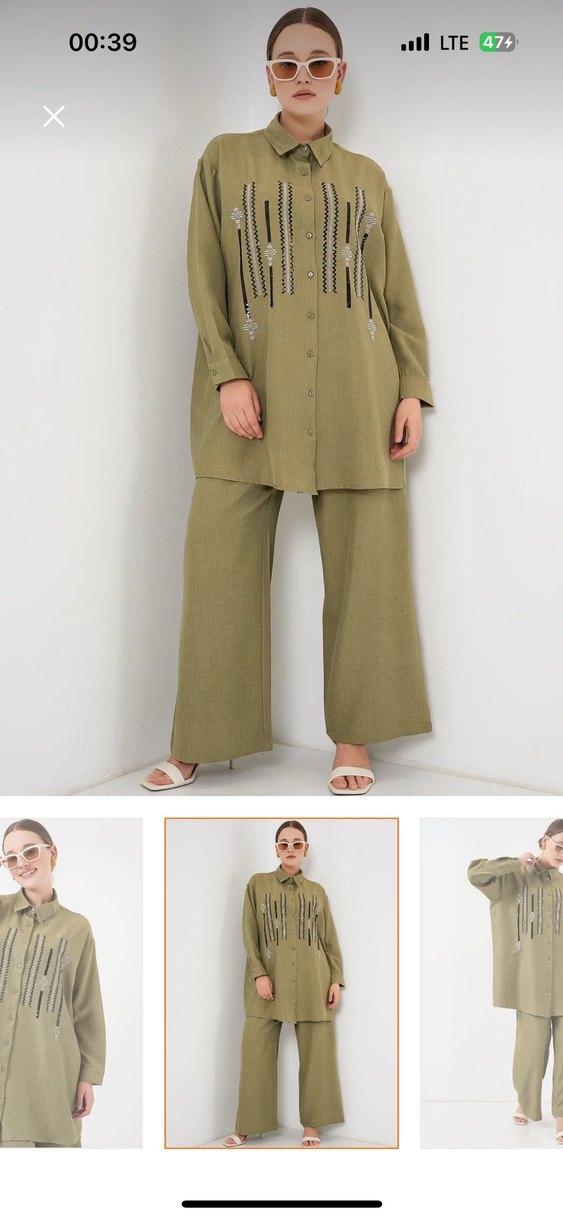 Kadın Keten Haki Uzun Kollu Nakışlı Takım - Görsel 5