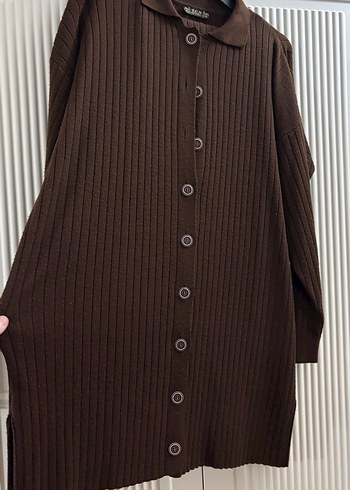 Düğmeli Uzun Kahverengi Triko Hırka Takım - Görsel 2