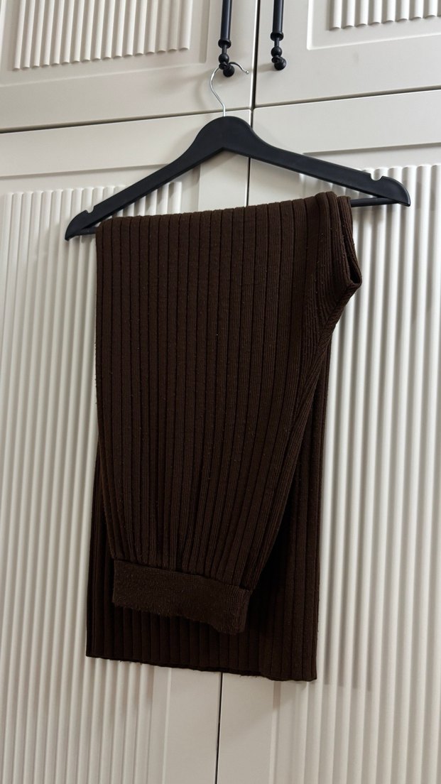 Düğmeli Uzun Kahverengi Triko Hırka Takım - Görsel 3