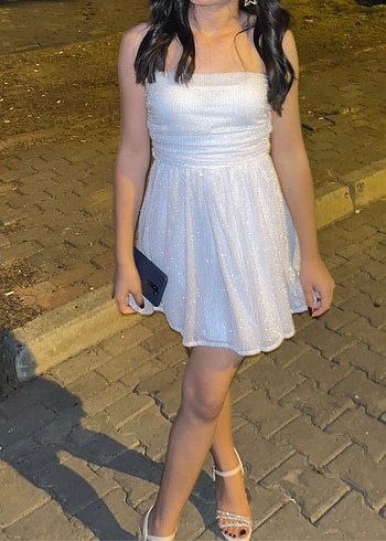 Beyaz sim Detaylı Straplez Mini Elbise - Görsel 2