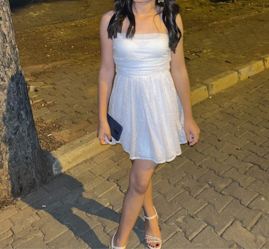 Beyaz sim Detaylı Straplez Mini Elbise - Görsel 2