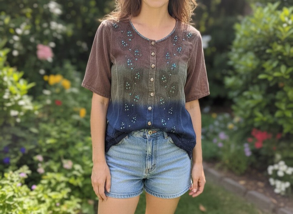 Düğmeli Kısa Kollu Pul Detaylı Bohem Batik Bluz - Görsel 3