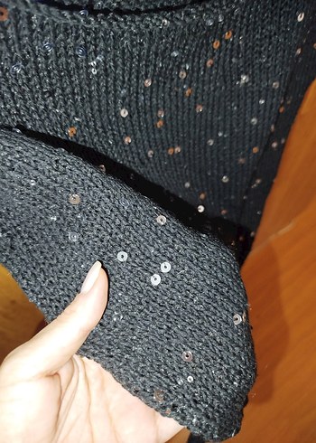 El Örgüsü Siyah  Pullu Drapeli Kadın Triko Süveter - Görsel 2